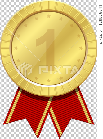 A gleaming gold medal, marked with a prominent number one, signifies achievement and victory. A gleaming gold medal, marked with a prominent number one, signifies achievement and victory. 129926648