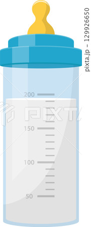 Cartoon baby bottle with a blue top, yellow nipple, and quantity measurements on the side. Cartoon baby bottle with a blue top, yellow nipple, and quantity measurements on the side. 129926650