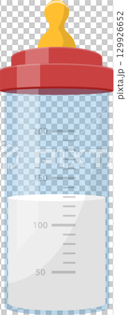 Illustration of a clear baby bottle with measuring marks, partially filled with white liquid. 129926652