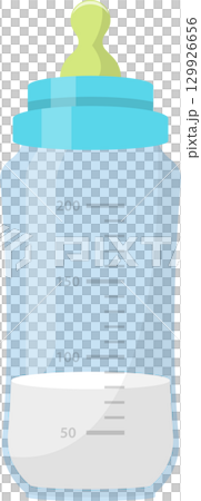 Blue baby bottle with measurement markings and a light green pacifier with a blue lid. 129926656