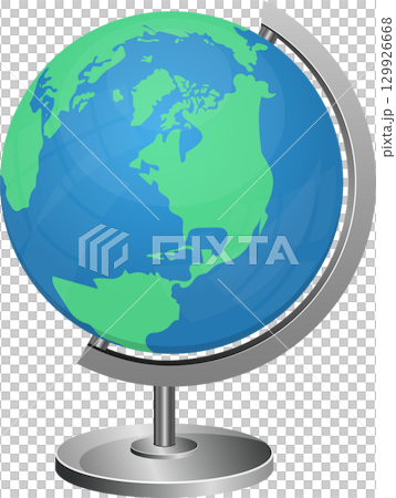 Illustration of a world globe showing North America, displayed on a metallic gray stand. 129926668