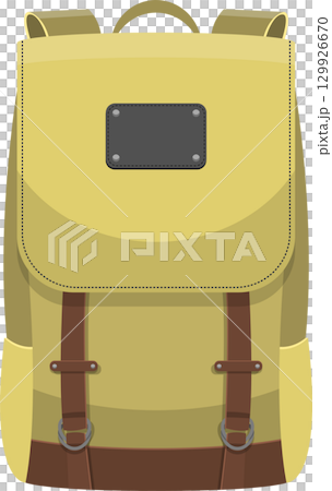 A tan backpack with a rectangular blank name tag and two brown straps with metal rings 129926670