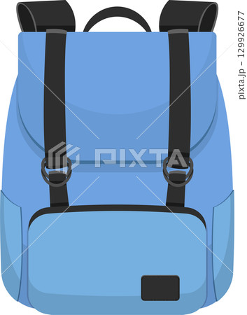Illustration of a light blue rucksack with black straps, rings, and a front pocket flap design. 129926677