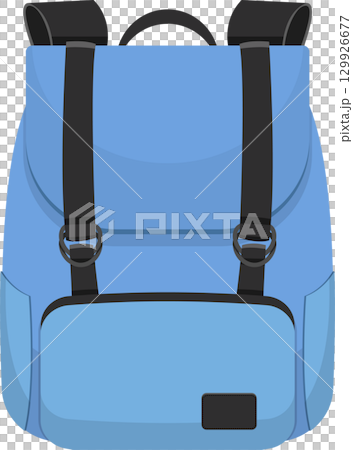 Illustration of a light blue rucksack with black straps, rings, and a front pocket flap design. 129926677