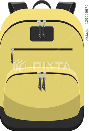 A yellow backpack is displayed, featuring black accents. The bag has several zippered pockets. 129926679