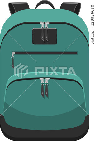 Illustration of a teal backpack, featuring zippered compartments and shoulder straps for carrying. 129926680