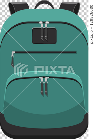 Illustration of a teal backpack, featuring zippered compartments and shoulder straps for carrying. 129926680
