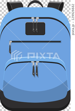 A light blue backpack with black accents features multiple zippered compartments for organization. 129926682