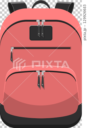 A salmon-colored backpack with black accents and several zippered compartments for storage. 129926683