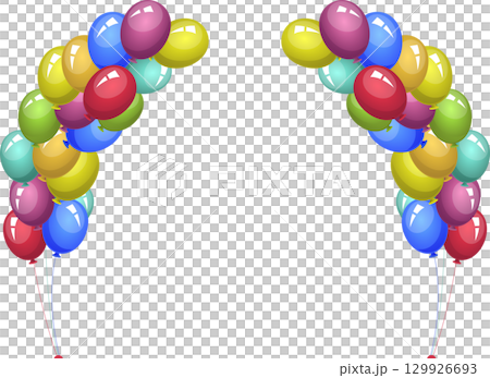 Colorful balloon arch decoration featuring yellow, red, green, and blue balloons on a black background. 129926693