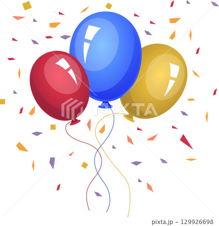 Festive Balloons with Confetti: A vibrant celebration with colorful balloons and scattered confetti. 129926698
