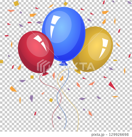 Festive Balloons with Confetti: A vibrant celebration with colorful balloons and scattered confetti. 129926698