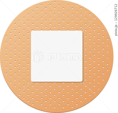 Adhesive bandage with circular, tan-colored perforated surface and white pad in center. 129926712