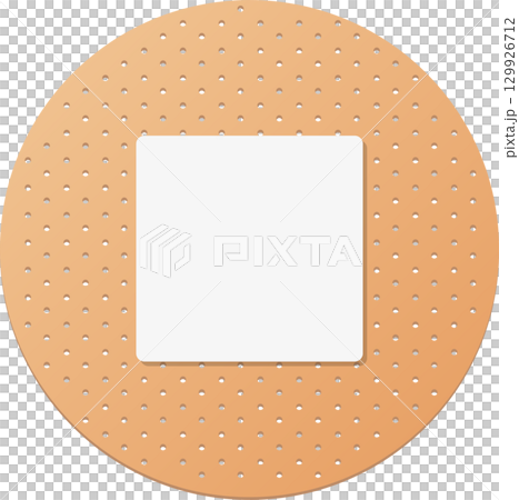 Adhesive bandage with circular, tan-colored perforated surface and white pad in center. 129926712