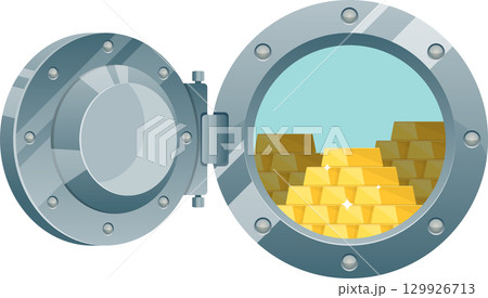 Vault door open, revealing a cache of gleaming gold bars stacked high inside its secure walls. 129926713