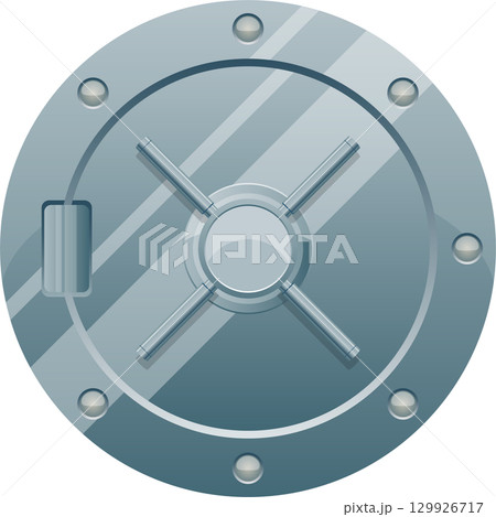 A round, metallic bank vault door with a locking mechanism, rivets, and a handle. Safety first. 129926717
