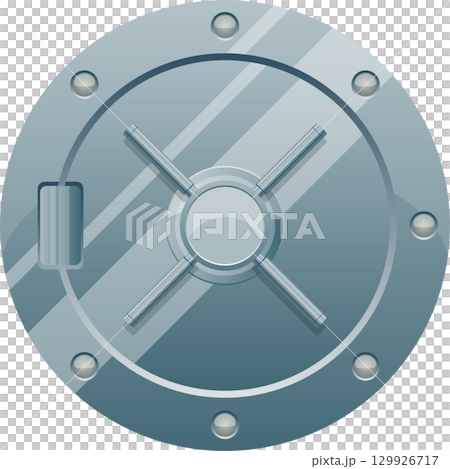 A round, metallic bank vault door with a locking mechanism, rivets, and a handle. Safety first. 129926717