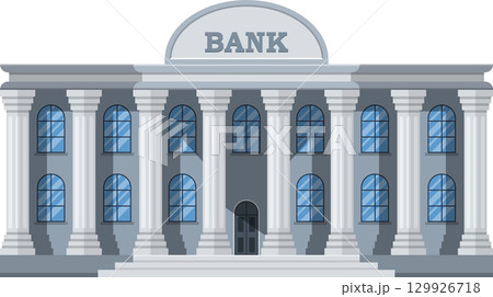 Illustration of a bank building with classic architectural features, columns and arched windows. Illustration of a bank building with classic architectural features, columns and arched windows. 129926718