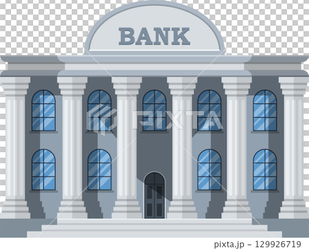 An illustrative bank building with classic architectural design featuring columns and arched windows 129926719