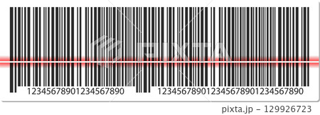 A barcode with vertical black lines and a red laser scan line through the middle. A barcode with vertical black lines and a red laser scan line through the middle. 129926723