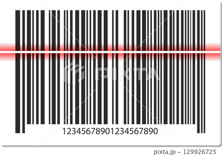 A barcode is scanned with a red laser line over black and white vertical lines for product code A barcode is scanned with a red laser line over black and white vertical lines for product code 129926725