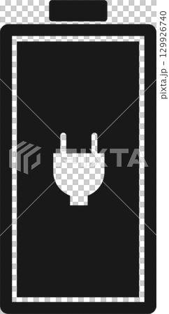 Stylized battery icon featuring a plug symbol indicating charging, set against a dark background 129926740