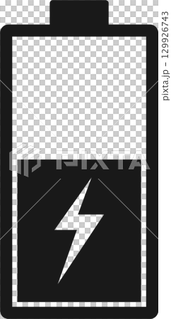 A nearly empty battery with a lightning bolt symbol indicating it is currently charging. 129926743