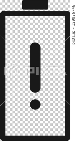 A dark battery icon with an exclamation mark, indicating a low power warning on a device. A dark battery icon with an exclamation mark, indicating a low power warning on a device. 129926746