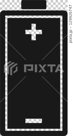 Black and white minimalist icon of a battery with positive and negative polarity indicators. Black and white minimalist icon of a battery with positive and negative polarity indicators. 129926747