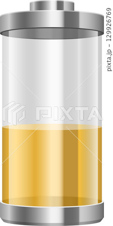 Illustration of a partially charged battery with metallic top and bottom with transparent part. Illustration of a partially charged battery with metallic top and bottom with transparent part. 129926769