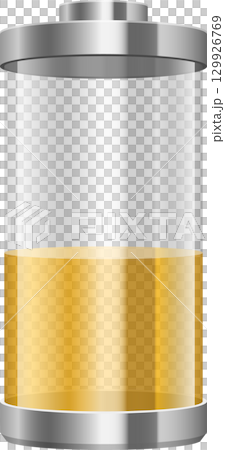 Illustration of a partially charged battery with metallic top and bottom with transparent part. Illustration of a partially charged battery with metallic top and bottom with transparent part. 129926769