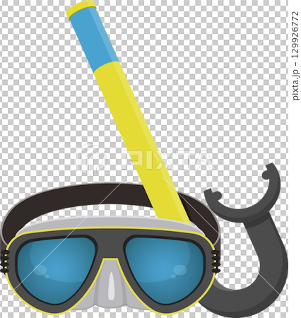 Snorkel gear, including a mask with a blue lens and a yellow and blue snorkel, for diving fun. 129926772