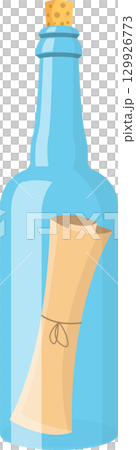 Sealed blue bottle with a cork containing a message inside, waiting to be discovered ashore. 129926773