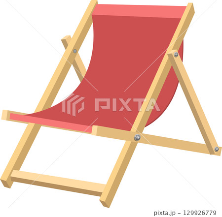 Illustration of a foldable beach chair with a red canvas seat and light wooden frame. 129926779