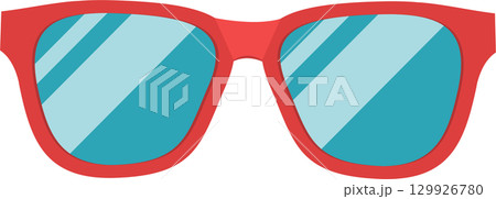 Illustration of red framed sunglasses with light blue reflective lenses on a black background. 129926780