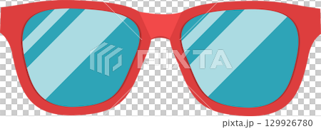 Illustration of red framed sunglasses with light blue reflective lenses on a black background. 129926780