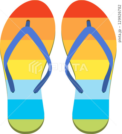Pair of colorful flip-flops with rainbow stripes, suitable for summer vacation and beach time. Pair of colorful flip-flops with rainbow stripes, suitable for summer vacation and beach time. 129926782