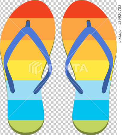 Pair of colorful flip-flops with rainbow stripes, suitable for summer vacation and beach time. Pair of colorful flip-flops with rainbow stripes, suitable for summer vacation and beach time. 129926782