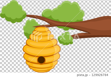 Cartoon illustration of a beehive hanging from a branch with green leaves against black backdrop 129926784