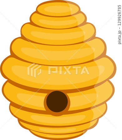 A cartoon beehive made of yellow and brown stacked levels and an entrance hole for the bees. 129926785