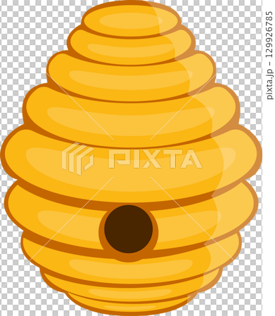 A cartoon beehive made of yellow and brown stacked levels and an entrance hole for the bees. 129926785