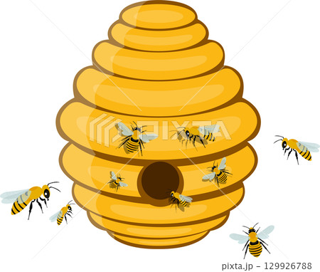 A beehive structure swarming with animated bees entering and exiting. Black background isolated. 129926788