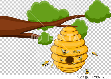 A cartoon illustration of a bee hive hanging from a tree branch, with several bees flying around. 129926789
