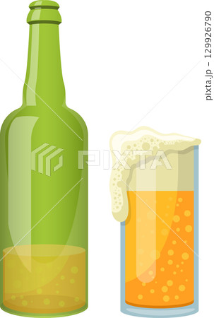 Refreshing drinks: green bottle with amber liquid and foamy beer in a clear glass illustration. 129926790