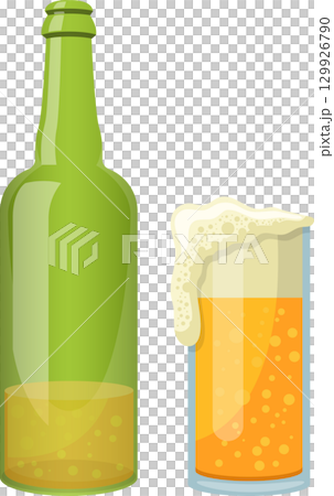 Refreshing drinks: green bottle with amber liquid and foamy beer in a clear glass illustration. 129926790