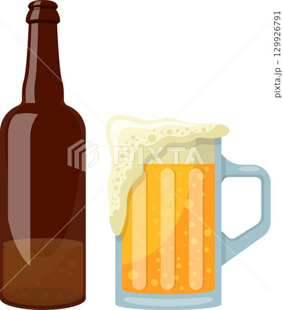 Cartoon depiction of an unopened brown beer bottle next to a beer mug overflowing with foam. Cartoon depiction of an unopened brown beer bottle next to a beer mug overflowing with foam. 129926791