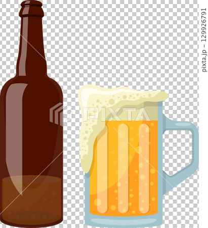 Cartoon depiction of an unopened brown beer bottle next to a beer mug overflowing with foam. Cartoon depiction of an unopened brown beer bottle next to a beer mug overflowing with foam. 129926791