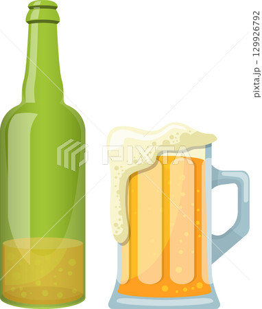 Cartoon illustration of a light green beer bottle standing next to a full beer mug with foam 129926792