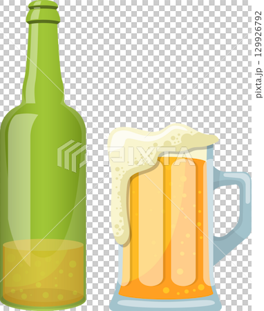Cartoon illustration of a light green beer bottle standing next to a full beer mug with foam 129926792