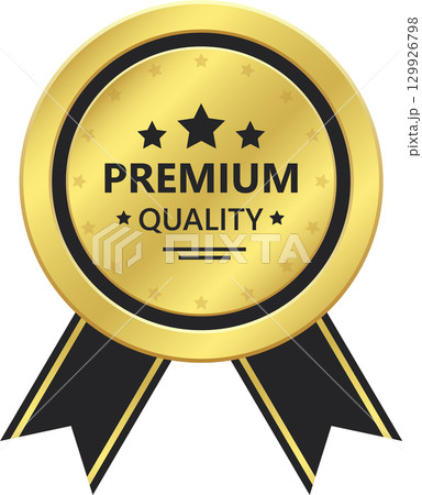 A shiny gold seal with a black border signifies premium quality and excellence in presentation. A shiny gold seal with a black border signifies premium quality and excellence in presentation. 129926798